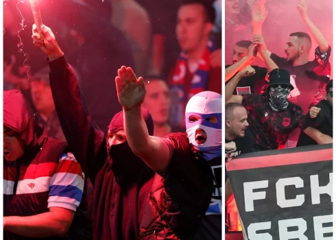 Serbu un albāņu futbola fanu naidam ir sena vēsture (foto: Scanpix / AP / www.imago-images.de; kolāža: jauns.lv)