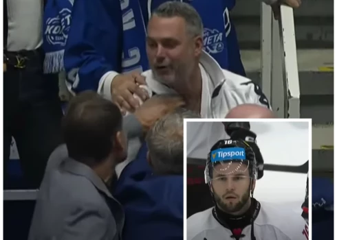 "Sparta" treneris Pāvels Gross (pa kreisi) plūcas ar pretinieku fanu, kamēr Mārtiņš Dzierkals ar pārējim komandas biedriem vēro (ekrānuzņēmumi no video; kolāža: jauns.lv)