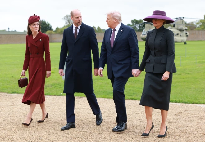 Donalds Tramps ar Melāniju satiek princi Viljamu ar sievu Keitu. 2025. gada 17. septembrī.