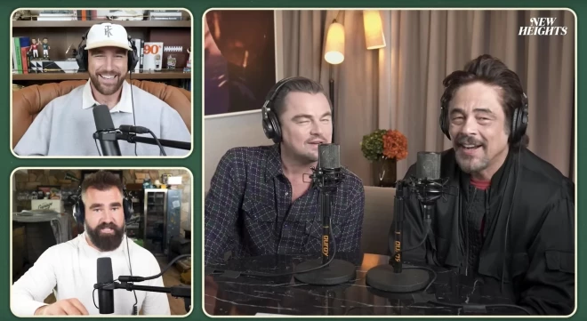 Leonardo Dikaprio un Benisio del Toro viesojas Džeisona uin Trevisa Kelsiju podkāstā “New Heights”.