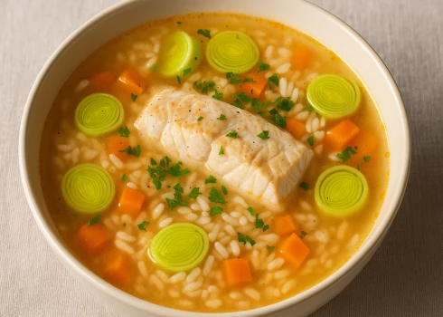 Zivju zupa ar puravu un rīsiem