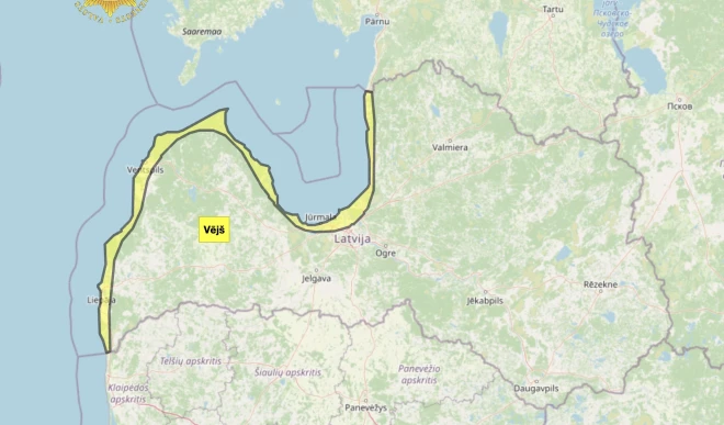 Dzeltenais laikapstākļu brīdinājums izsludināts visā Latvijas piekrastē.