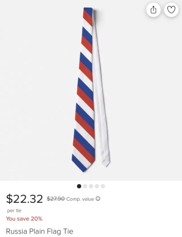 Pārdošanas platformās atrodama identiska kaklasaite ar nosaukumu "Russia Plain flag tie".