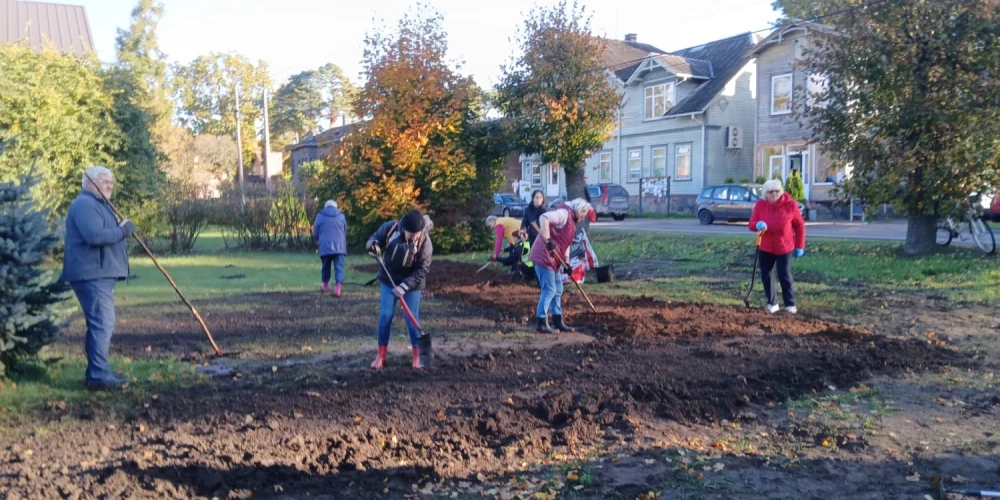 Ainažos veido 100 gadu jubilejai veltītu puķu dobi. 