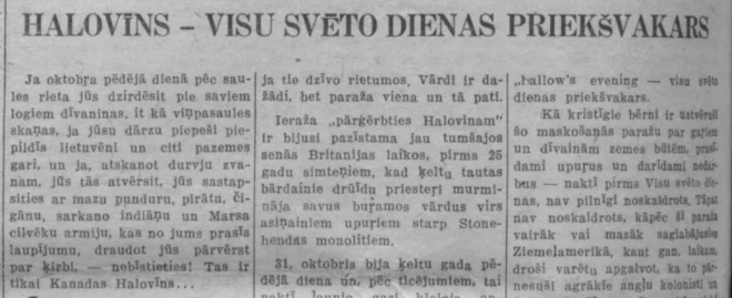 1955. gadā Toronto iznākošais laikraksts “Latvija Amerikā” vietējos tautiešus brīdina, kas viņus sagaidīs 31. oktobrī.