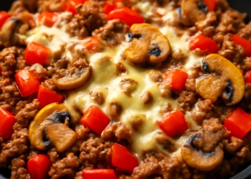 Maltā gaļa ar papriku, sēnēm un sieru