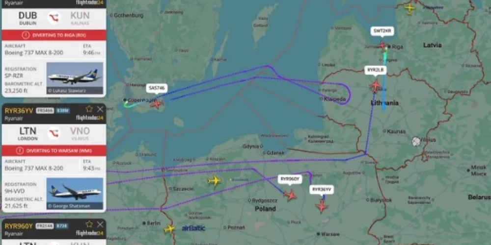 Balonu ietekmētie reisi, apturot darbu Viļņas un Kauņas lidostām (ekrānuzņēmums no "Flightradar24" / X)