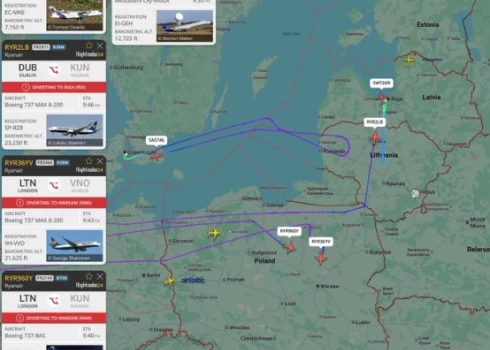Balonu ietekmētie reisi, apturot darbu Viļņas un Kauņas lidostām (ekrānuzņēmums no "Flightradar24" / X)