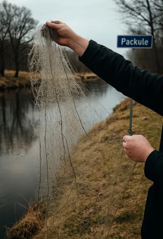 Pie Packules upes ietekas Ventā Ventspilī izceltais 30 metrus garais maluzvejnieku tīkls.