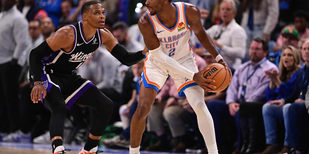 Šejs Gildžess-Aleksandrs uzbrukumā pret Raselu Vestbruku.