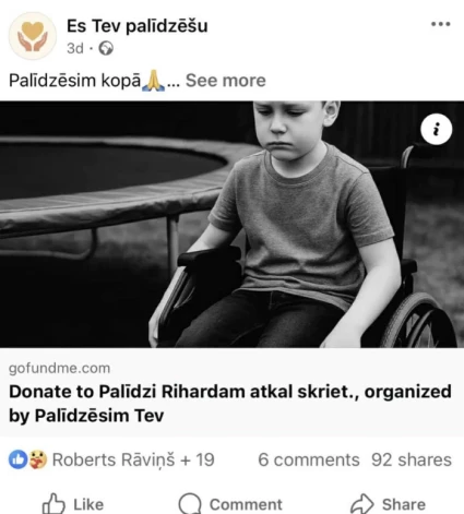 Biedrība vākusi līdzekļus arī pasaulsslavenajā vietnē "GoFundMe.com".