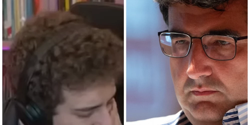 Daniels Narodickis pēdējā šaha tiešraidē un Vladimirs Kramņiks (ekrānuzņēmums no video / Vidapress / ddp; kolāža: jauns.lv)