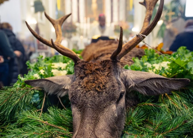 Beigta brieža priekšā arhibīskaps Skaistkalnē svētī medniekus un viņu suņus.