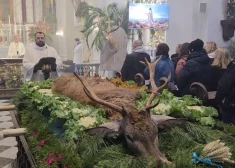 Beigta brieža priekšā arhibīskaps Skaistkalnē svētī medniekus un viņu suņus. "Sajūtas ir fantastiskas!" FOTO