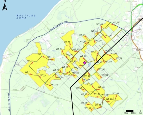 K2Ventum vēja parka teritorija Baltijas jūras ierobežotās saimnieciskās darbības aizsargjoslā (ar melnu līniju)