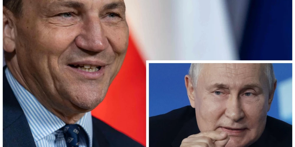 Polijas ārlietu ministrs Radoslavs Sikorskis un Krievijas dikators Vladimirs Putins (foto: Scanpix / AFP / IMAGO / SNA)