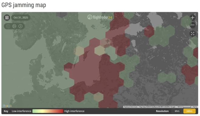 Karte ar tās dienas GPS signāla traucējumiem.