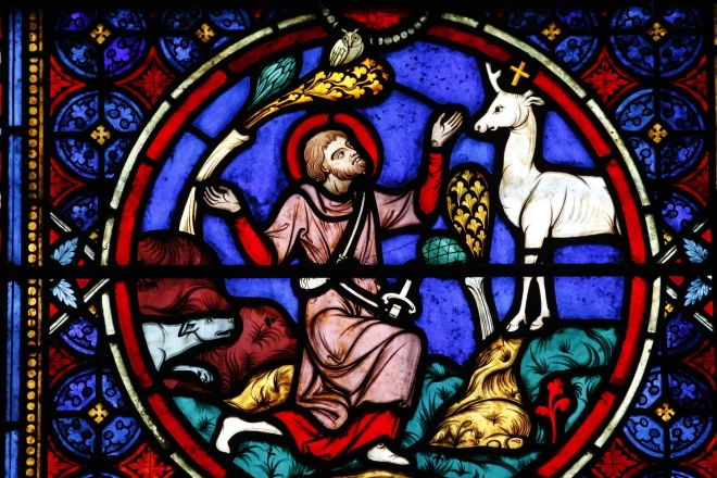 Vitrāža ar Svēto Hubertu Parīzes Dievmātes katedrālē.