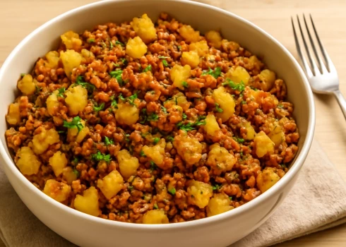 Maltās gaļas un makaronu sacepums