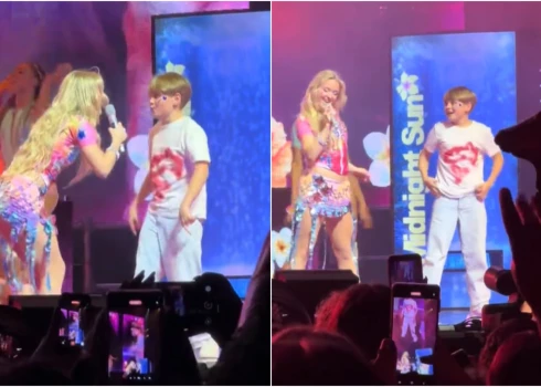 Sirsnīgs mirklis Rīgas koncertā: Zāra Lārsona aicina latviešu zēnu uz skatuves.