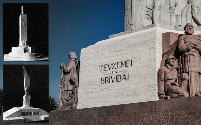 Pa kreisi – nerealizētie Brīvības pieminekļa projekti.