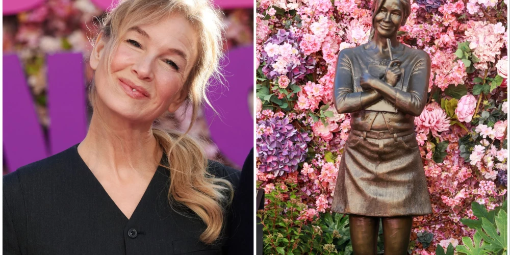 Renē Zelvēgere un viņas populārākās ekrāna varones Bridžitas Džounsas statuja Lesterskvērā Londonā.