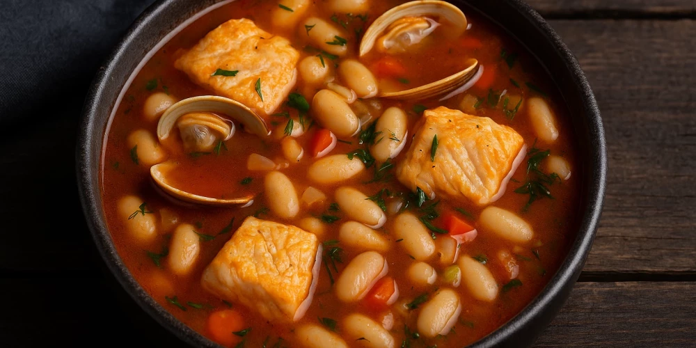 Zivju zupa ar gliemenēm un baltām pupiņām