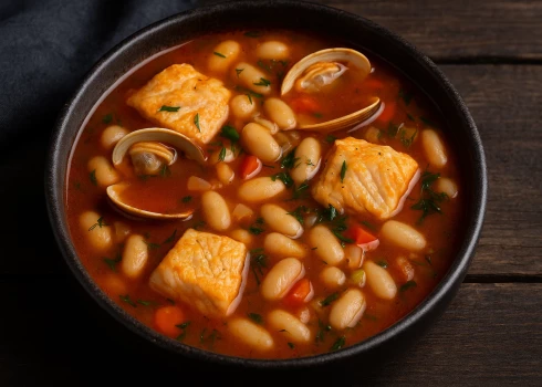 Zivju zupa ar gliemenēm un baltām pupiņām