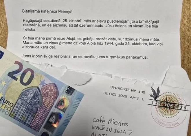 Vēstule, kas aizkustina! Tūrists no ASV kafejnīcai Alojā atsūta aizmirsto dzeramnaudu un atklāj pārsteidzošu ģimenes stāstu