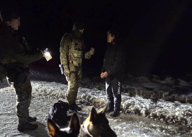 FOTO: Lietuvas robežsardzes kinoloģes ar suņiem Galaksi un Džoi palīdz latviešiem aizturēt nelegālo migrantu