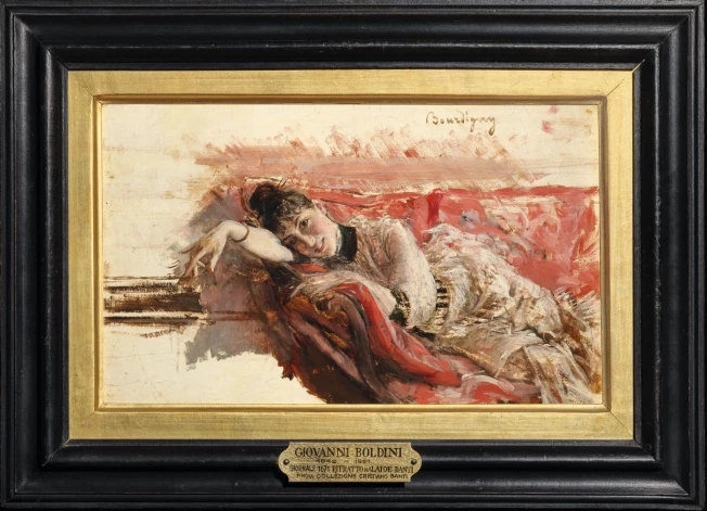 Džovanni Boldīni (1842–1931). “Alaidas Banti portrets uz sarkanā dīvāna”, ap 1885. Kartons, eļļa, 20,1 x 32,5 cm.