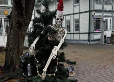 ФОТО: в Юрмале зажгли рождественскую елку и открыли "Аллею елочек" - президенту особо приглянулась "мертвецкая" тематика