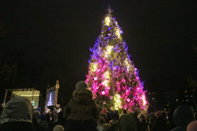 Iedegtā Ziemassvētku egle Jelgavā (publicitātes foto)