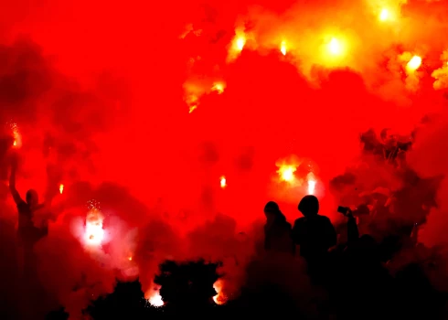 Fireworks occur during the match between AFC Ajax Amsterdam and FC Groningen at the Johan Cruijff ArenA for the Dutch Vriendenloterij Eredivisie season 2025-2026 in Amsterdam, Netherlands, on November 30, 2025.