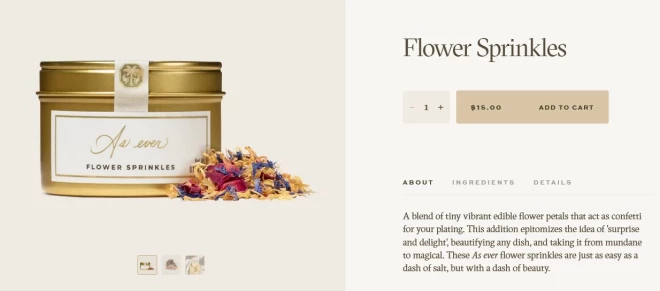 Mājaslapā var iegādāties arī Meganas iecienītās ziedu pārlsas, ar ko dekorēt ēdienus.