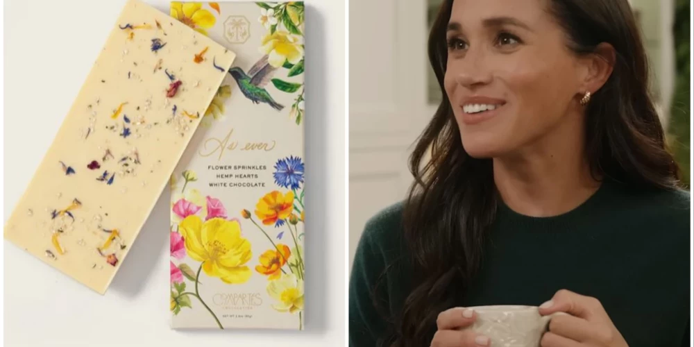 Megana Mārkla un viņas radītā baltā šokolāde ar ziedu pārslām.