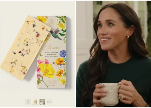 Megana Mārkla un viņas radītā baltā šokolāde ar ziedu pārslām.