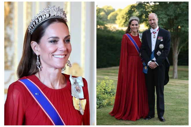 Princese Ketrīna un princis Viljams 2025. gada jūlijā, apmeklējot valsts banketu par godu Francijas prezidenta vizītei.