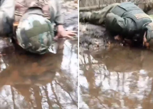 Izslāpušie krievu okupanti ir tik izmisuši, ka gatavi dzert netīru ūdeni no peļķes.