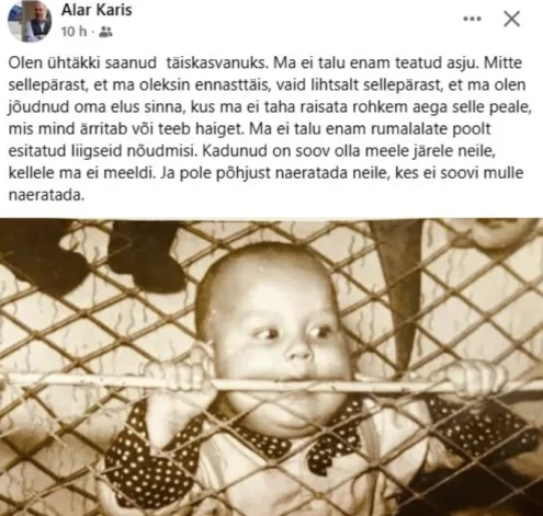 Alara Karisa ieraksts "Facebook", kas nav publiski redzams (ekrānuzņēmums no vietnes "lounaeestlane.ee")