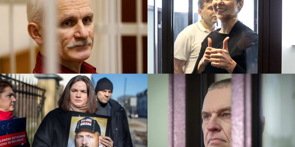 На фотоколлаже изображены белорусские политзаключенные: по часовой стрелке, слева сверху, основатель правозащитной группы «Весна» и лауреат Нобелевской премии мира Алесь Беляцкий, белорусская оппозиционная активистка Мария Колесникова, журналист Анджей Почобут и оппозиционный политик Светлана Тихановская, держащая портрет своего мужа Сергея Тихановского, которого недавно освободили из заключения.