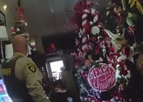 Policisti mēģina noķert briedi Ziemassvētku dāvanu veikalā (ekrānuzņēmums no video)