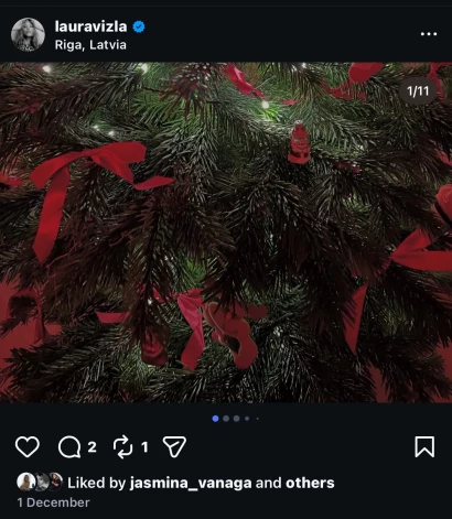 Viņa dod priekšroku dabīgai eglītei, ko grezno ar siltām baltām lampiņām un nelieliem sarkaniem akcentiem. 