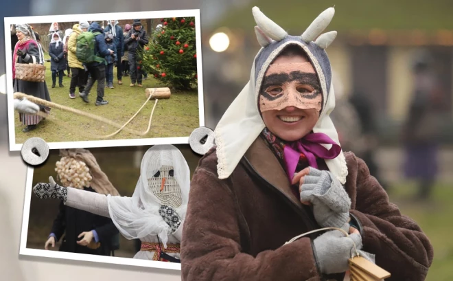 Etnogrupas "Zeidi" maskotie ļaudis aicināja pievienoties bluķa vilkšanā visu darbnīcu dalībniekus.
