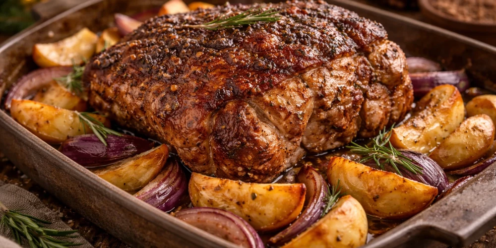 Cūkas plecs ar āboliem un sīpoliem