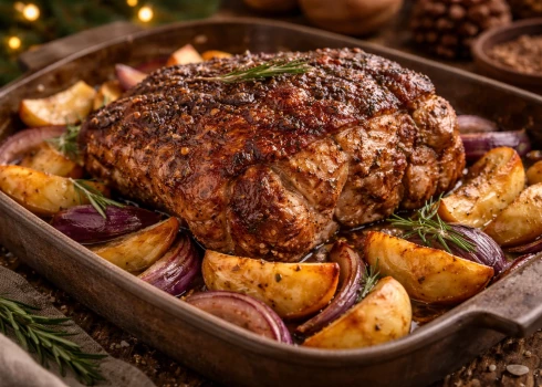 Cūkas plecs ar āboliem un sīpoliem