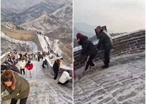 Lielais Ķīnas mūris ziemā kļūst bīstami slidens.