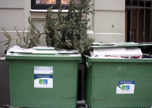 Atkritumu konteineri ar eglīti.