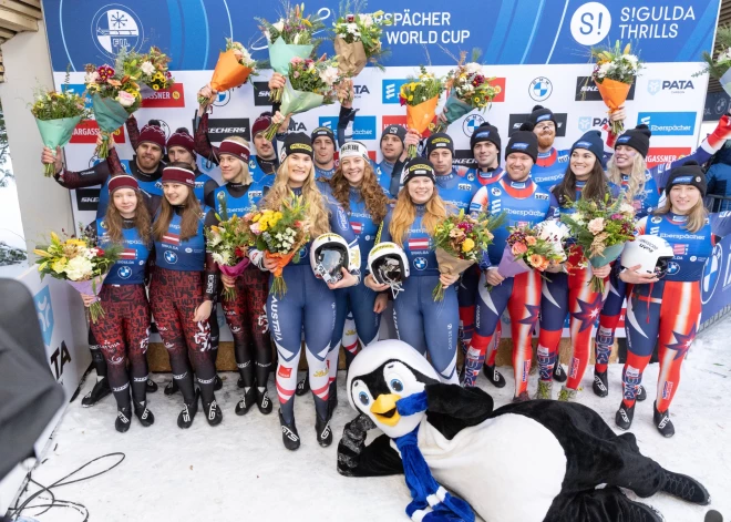 Latvijas kamaniņu braucēji Siguldā Pasaules kausa posmā komandu stafetē ieņem otro vietu