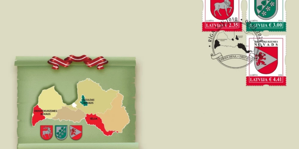 Izdos pastmarkas ar Sēlijas, Siguldas un Dienvidkurzemes novadu ģerboņiem.